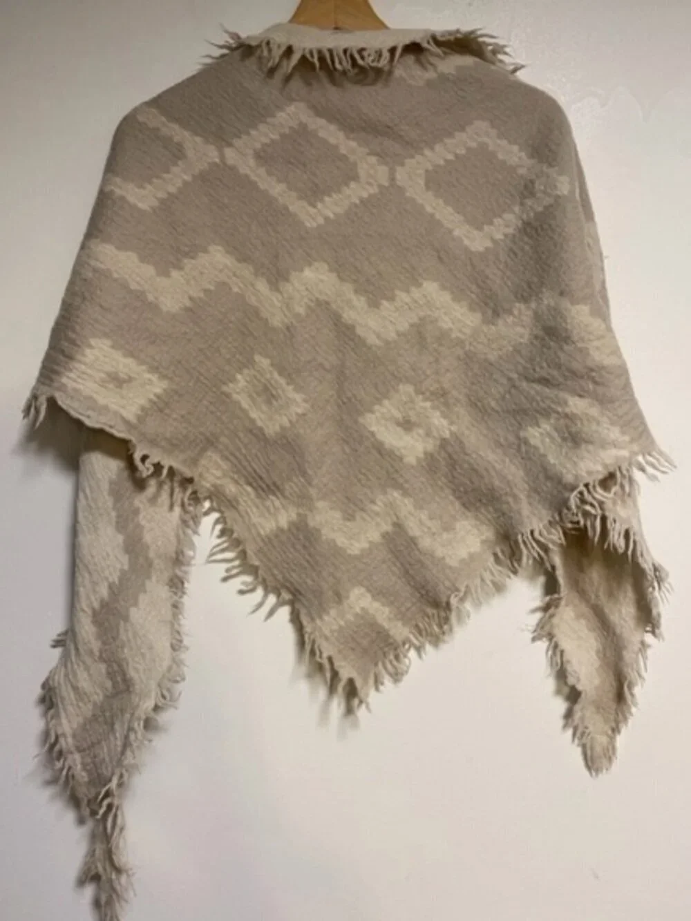 Neutral Geometric Fringe Poncho Wrap Shawl Beige Cream One Size